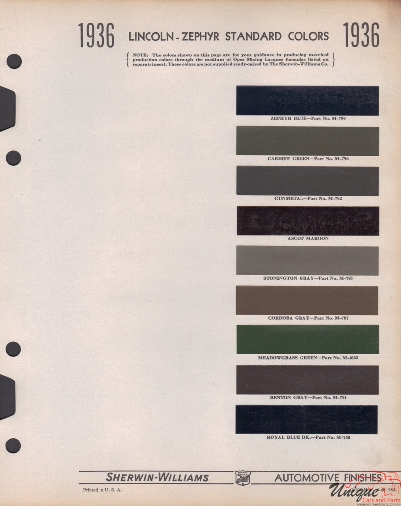 1936 Lincoln Paint Charts Williams 1